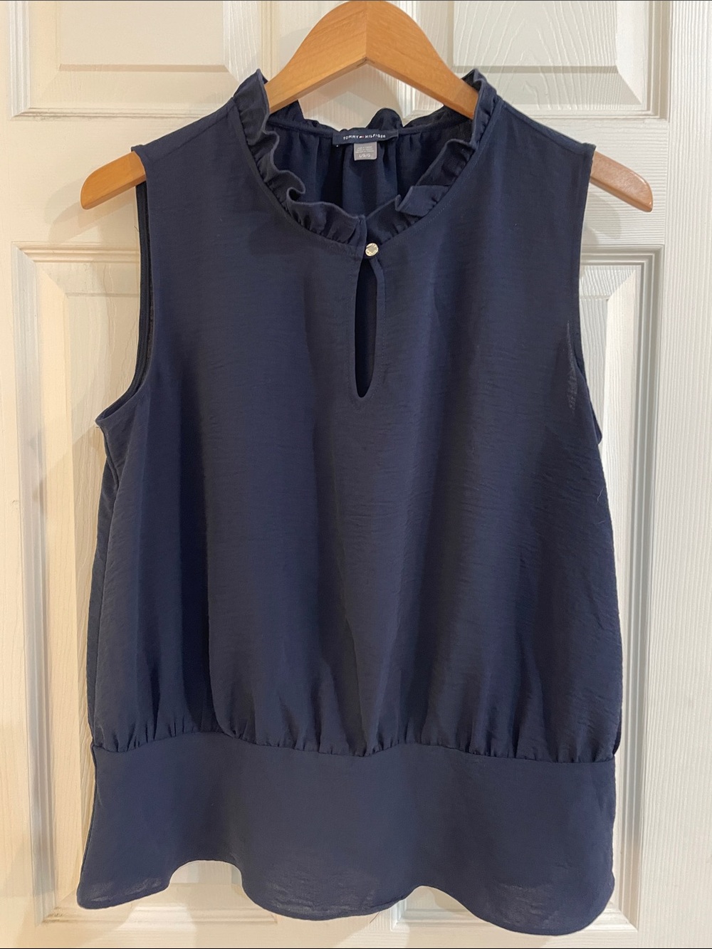 Tommy Hilfiger Sleeveless Navy Ruffle-Trim Blouse